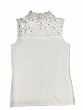 Carmen Marc Valvo White Embellished Mock Neck Sleeveless Top XS